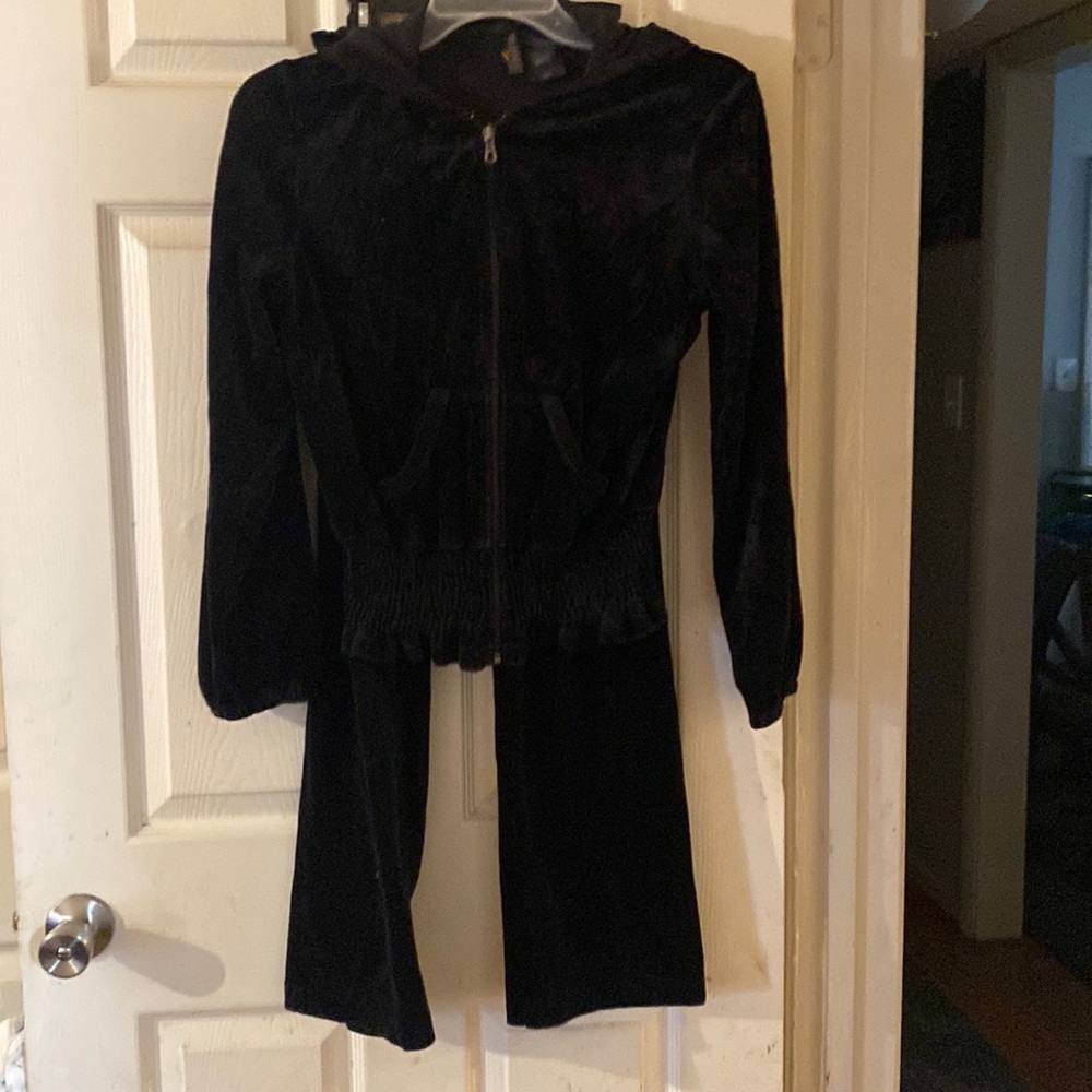 2pcs black gathered waist on both pants and jacket
